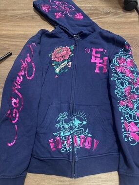 Ed Hardy Navy Blue Hoodie with Pink and Teal Floral Graphics